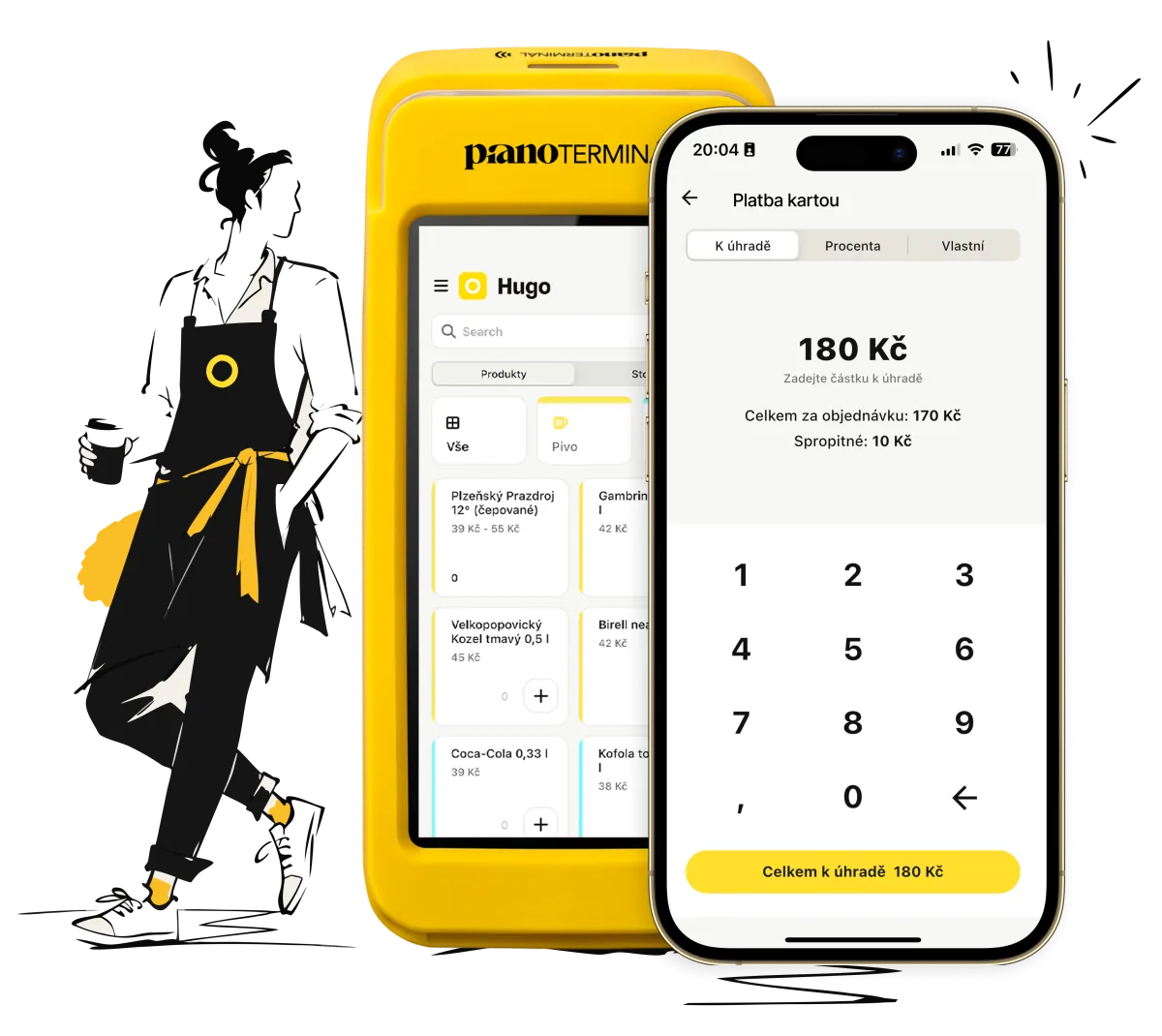 Terminál Hugo 3 v 1 (PAX A920 Pro) s pokladnou Hugo a vedle něj telefon s platbou kartou